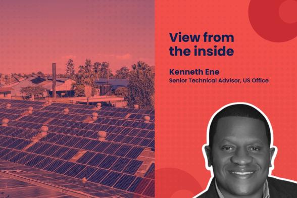Image of Kenneth Ene with the title 'View from the inside together with a photo of rooftop solar panels in Kenya